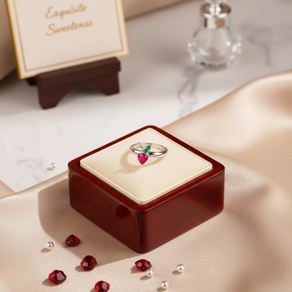 RHINESTONE CRYSTAL HEART SHAPED RED CHERRY DECOR RING SILVER TONE